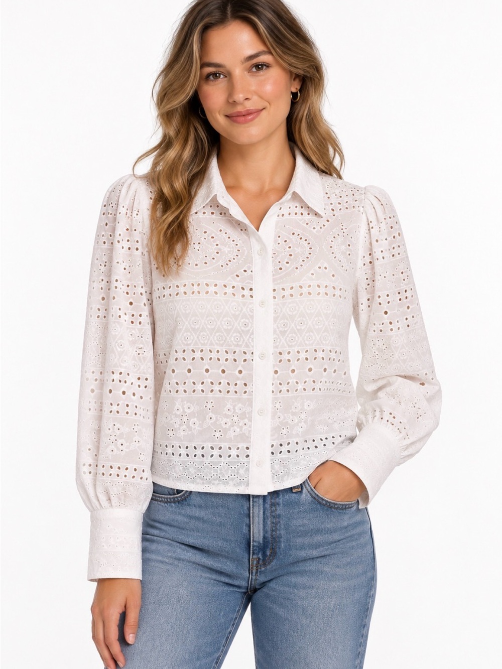 NWT House of Harlow 1960 White Eyelet Blouse M